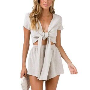Princess Polly Ragnar Romper Size 4 Tie Front Crop Linen Cutout Oatmeal Beige